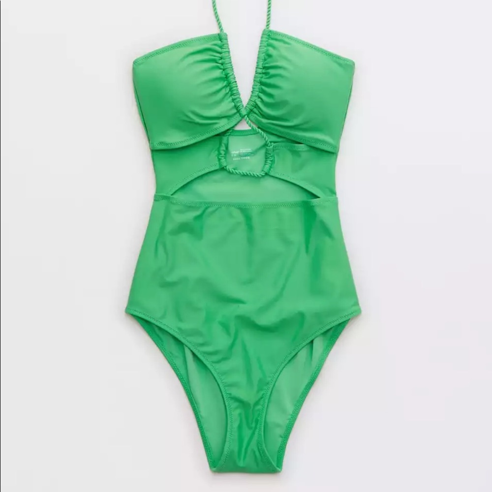 Aerie Cut Out One Piece Swimsuit Green Pop